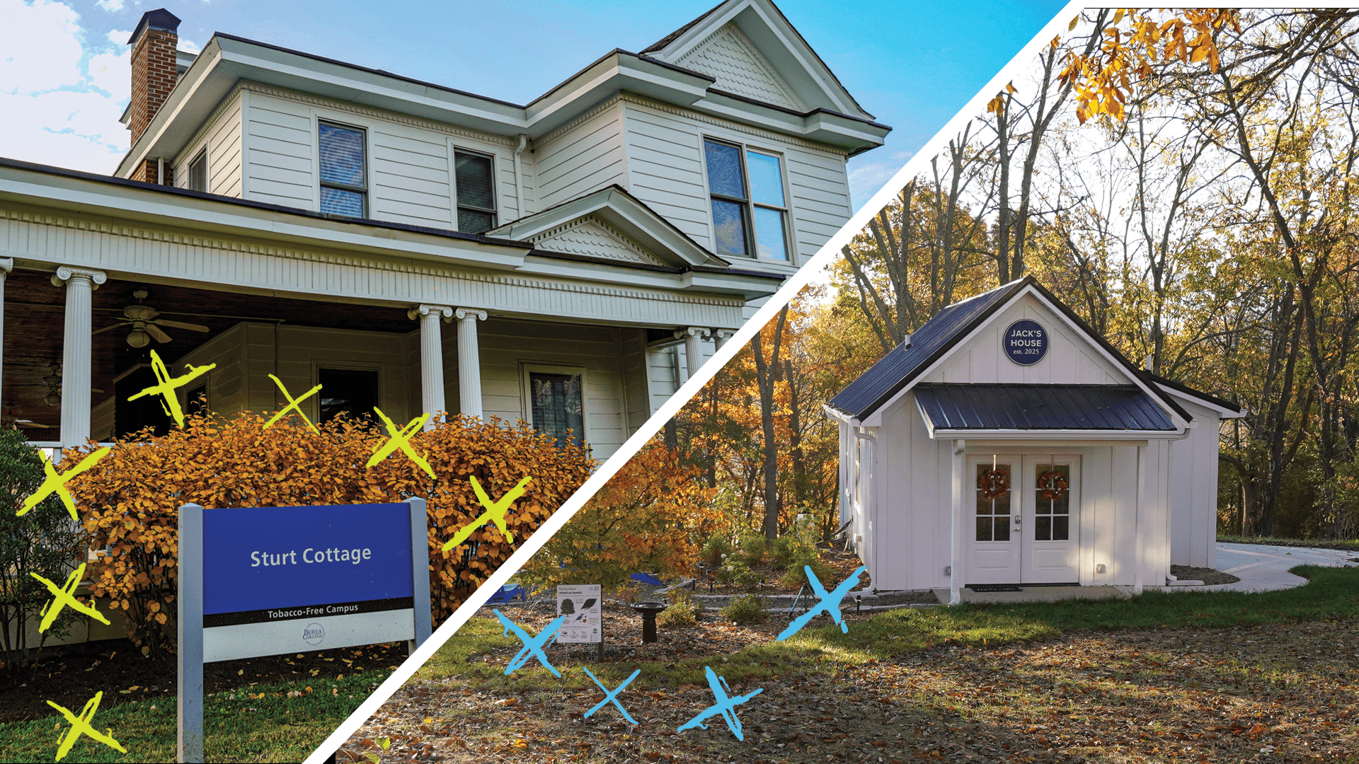 Two side-by-side photos, one of Sturt Cottage and one Jack's House.