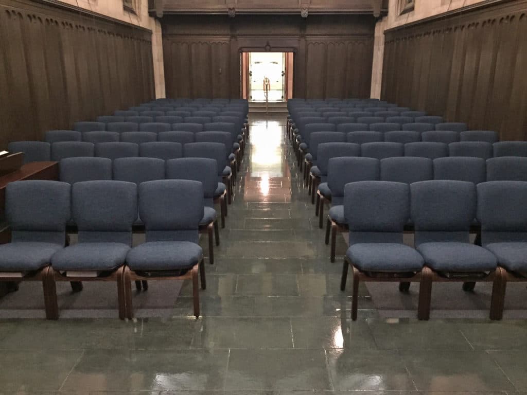 Inside of Danforth Chapel, chair view from front